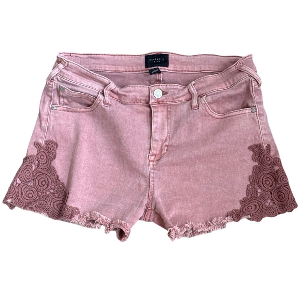 Celebrity Pink Dusty Rose Pink Denim Raw Hem Cut off Shorts with Lace Detail